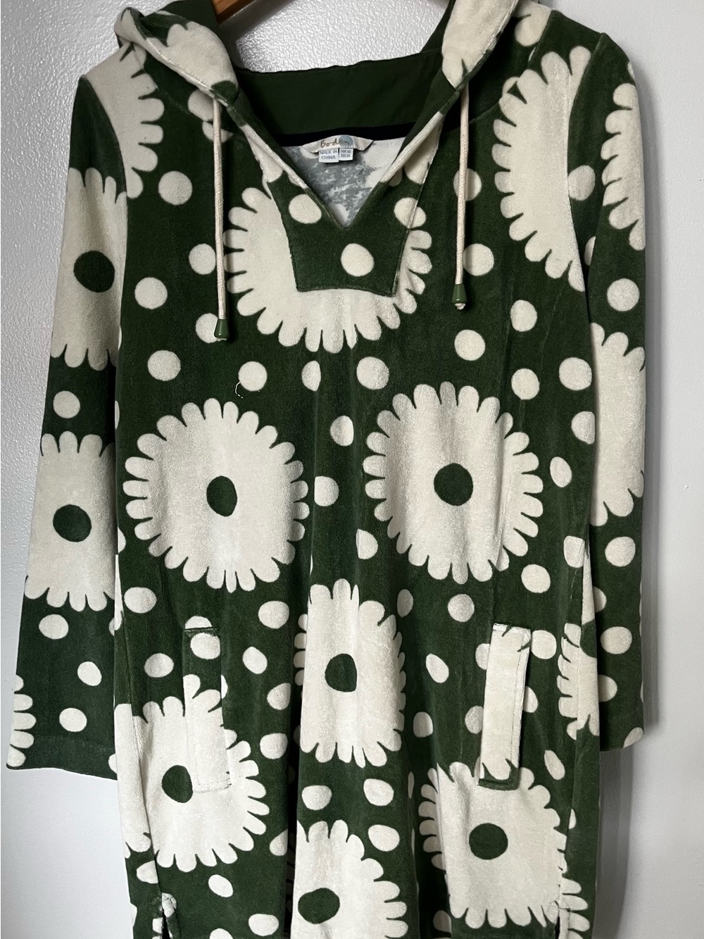 Boden Green Hoodie Beach Cover Up Tunic with Pockets Green W/Cream Daisy Print
